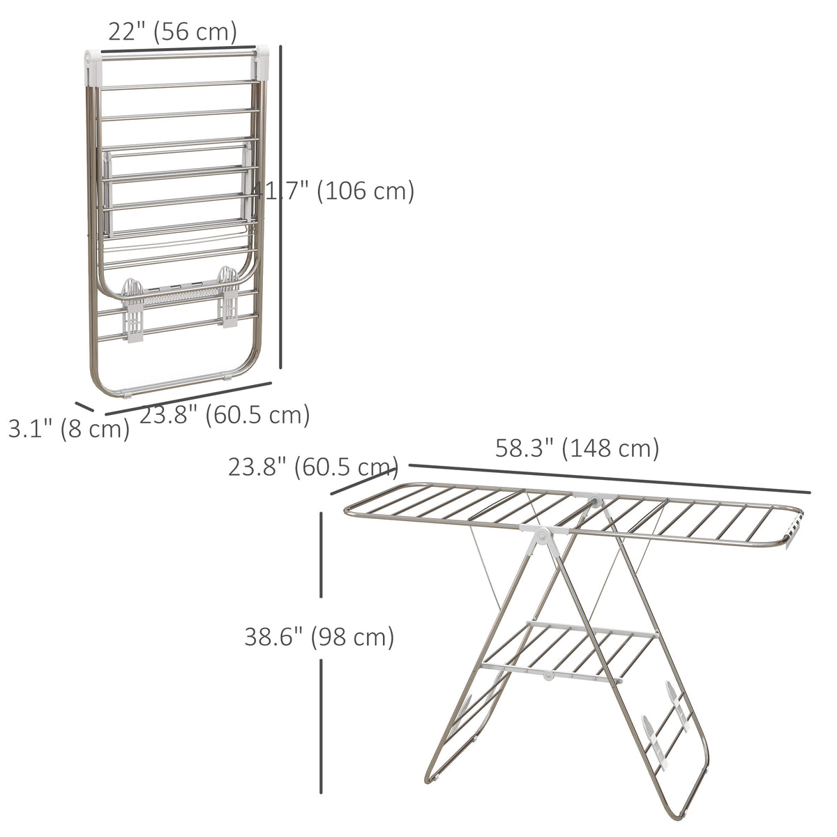 Clothes Drying Rack, 2-Tier Stainless Steel Foldable Laundry Rack with Adjustable Wings and Shoe Holders, Silver