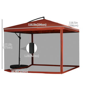 Offset Patio Umbrella with Net and Umbrella Base, Adjustable Cantilever Canopy with Cross Base, Weight Plates and 8 Ribs for Backyard, Poolside, Garden, Wine Red