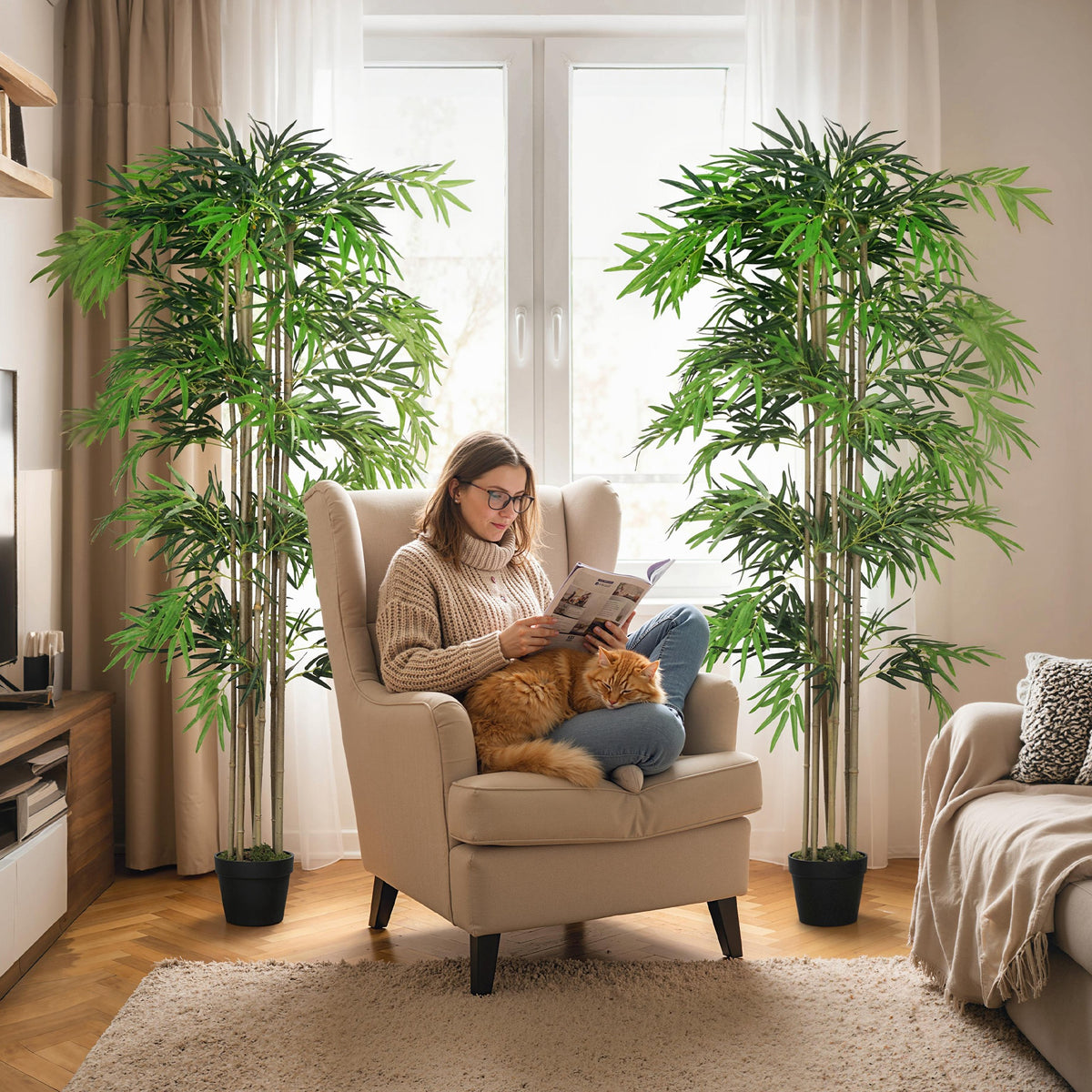 6FT Artificial Bamboo Tree Set of 2, Fake Plant with 1530 Leaves, Greenery Plant in Nursery Pot for Indoor, Green