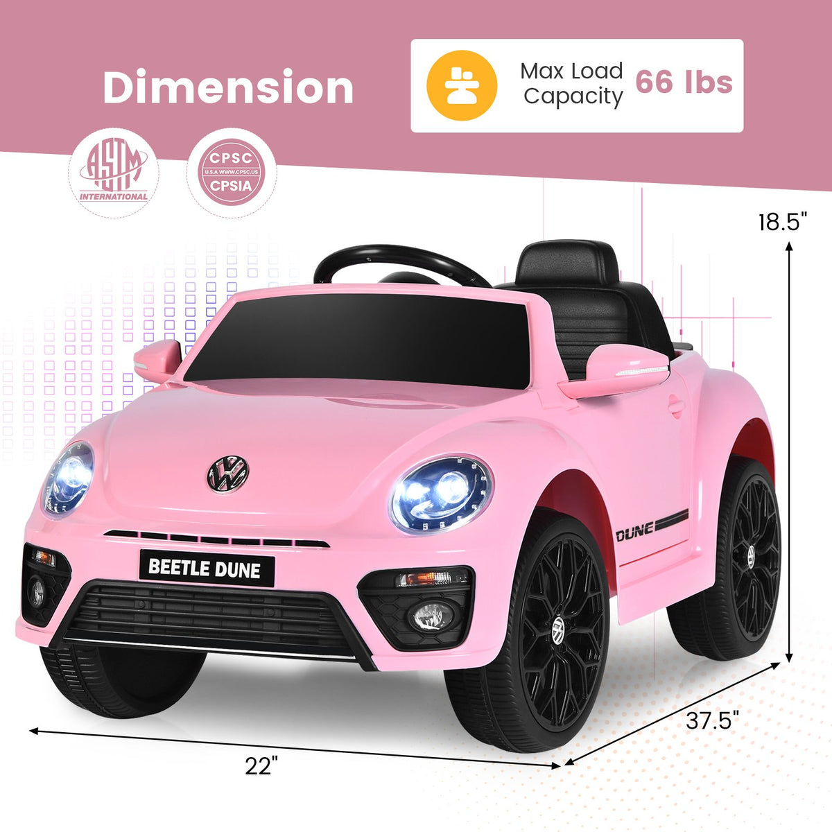 Volkswagen Beetle Kids Electric Ride On Car with Remote Control-Pink view 5