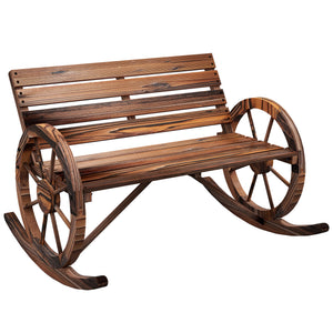 Rocking Outdoor Bench, Wood Outdoor Loveseat with Wagon Wheel Armrests, Carbonized
