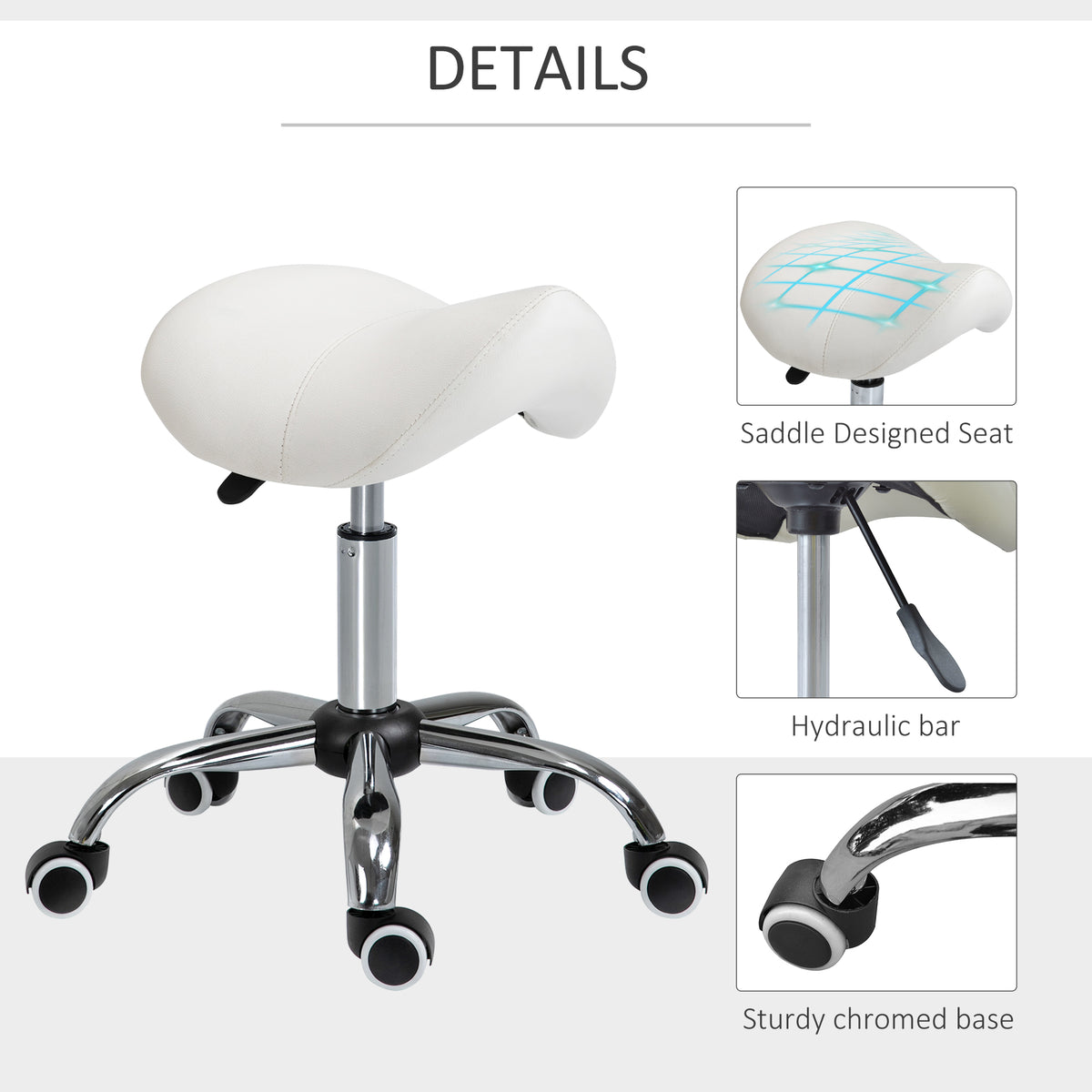 Ergonomic Saddle Stool with Wheels, Adjustable PU Leather Saddle Chair, 360° Swivel, No Back Pain, Healthy Posture, Salon Chair for Massage Medical Home, Cream White