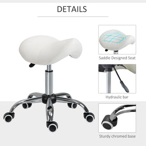 Ergonomic Saddle Stool with Wheels, Adjustable PU Leather Saddle Chair, 360° Swivel, No Back Pain, Healthy Posture, Salon Chair for Massage Medical Home, Cream White
