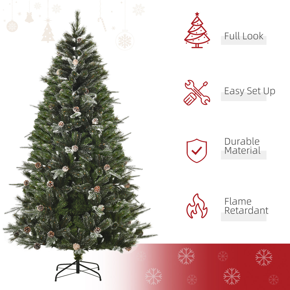 HOMCM 6FT Artificial Christmas Snow Pine Tree Holiday Home Xmas Decoration with Automatic Open, Pinecone