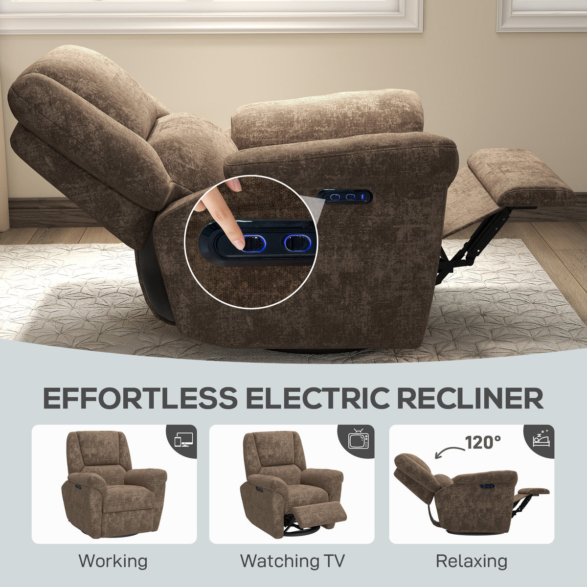 Power Recliner Chair, Fabric Upholstered Recliner Chair with USB Ports, Swivel and Rocking Function – view 17
