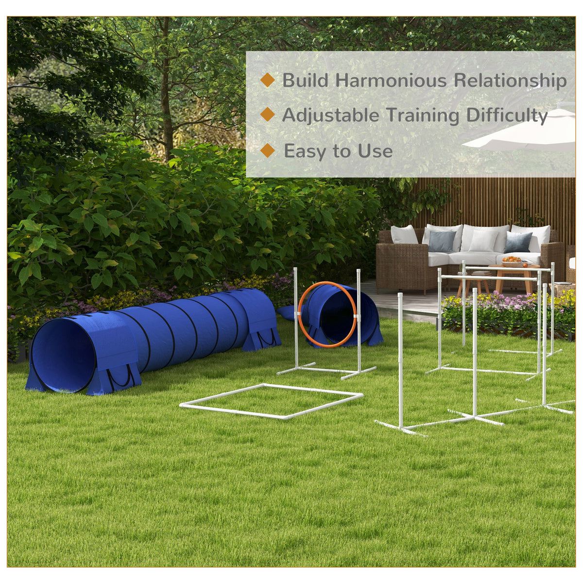 7 Pcs Dog Agility Kit w/ Tunnels, Weave Poles, Adjustable Hurdles, Jump Ring, Pause Box, Whistle, Carry Bag, Blue