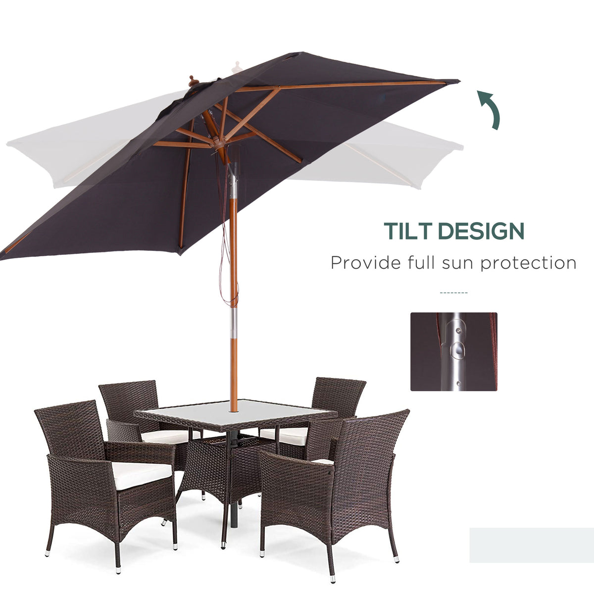 6.6x5ft Square Market Parasol, Wooden Patio Umbrella with Tilt Mechanism and 6 Bamboo Ribs – view 3