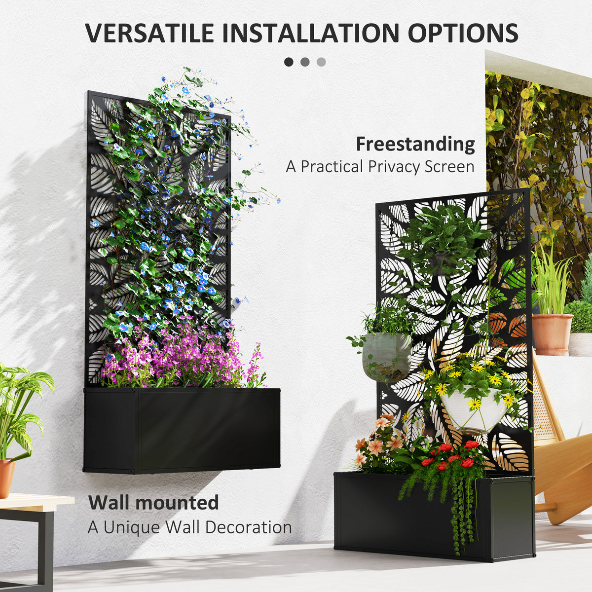 Metal Raised Garden Bed with Privacy Panel, Freestanding or Wall Mounted Outdoor Planter Box for Garden, Patio