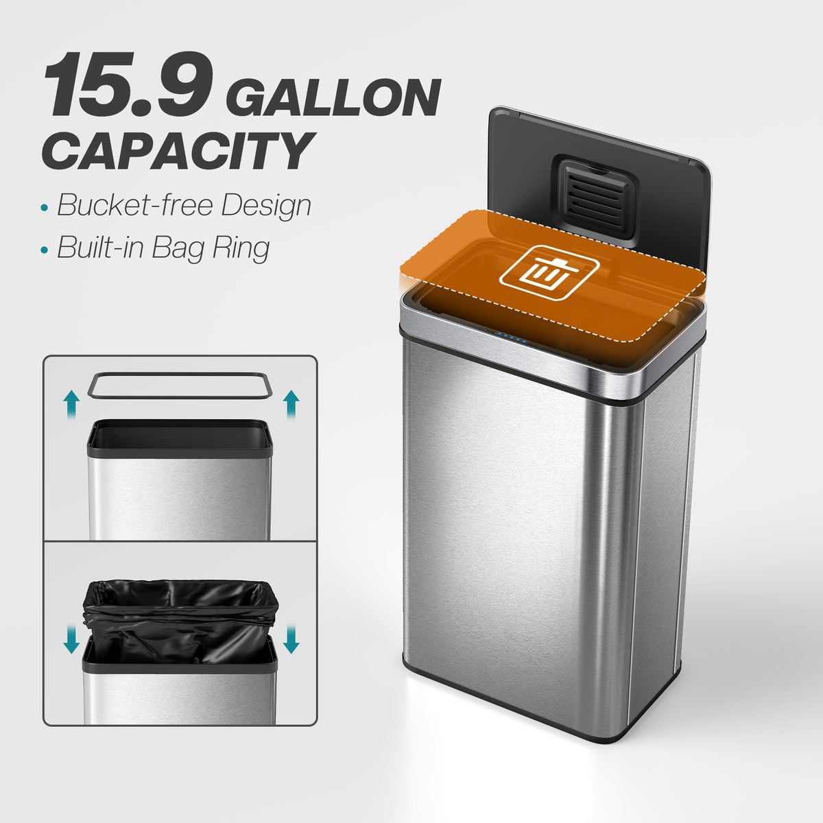 13.2 Gallon Sensor Can, Automatic Garbage Can with Soft-Close Lid, Fingerprint-Proof Stainless Steel, Silver – view 11