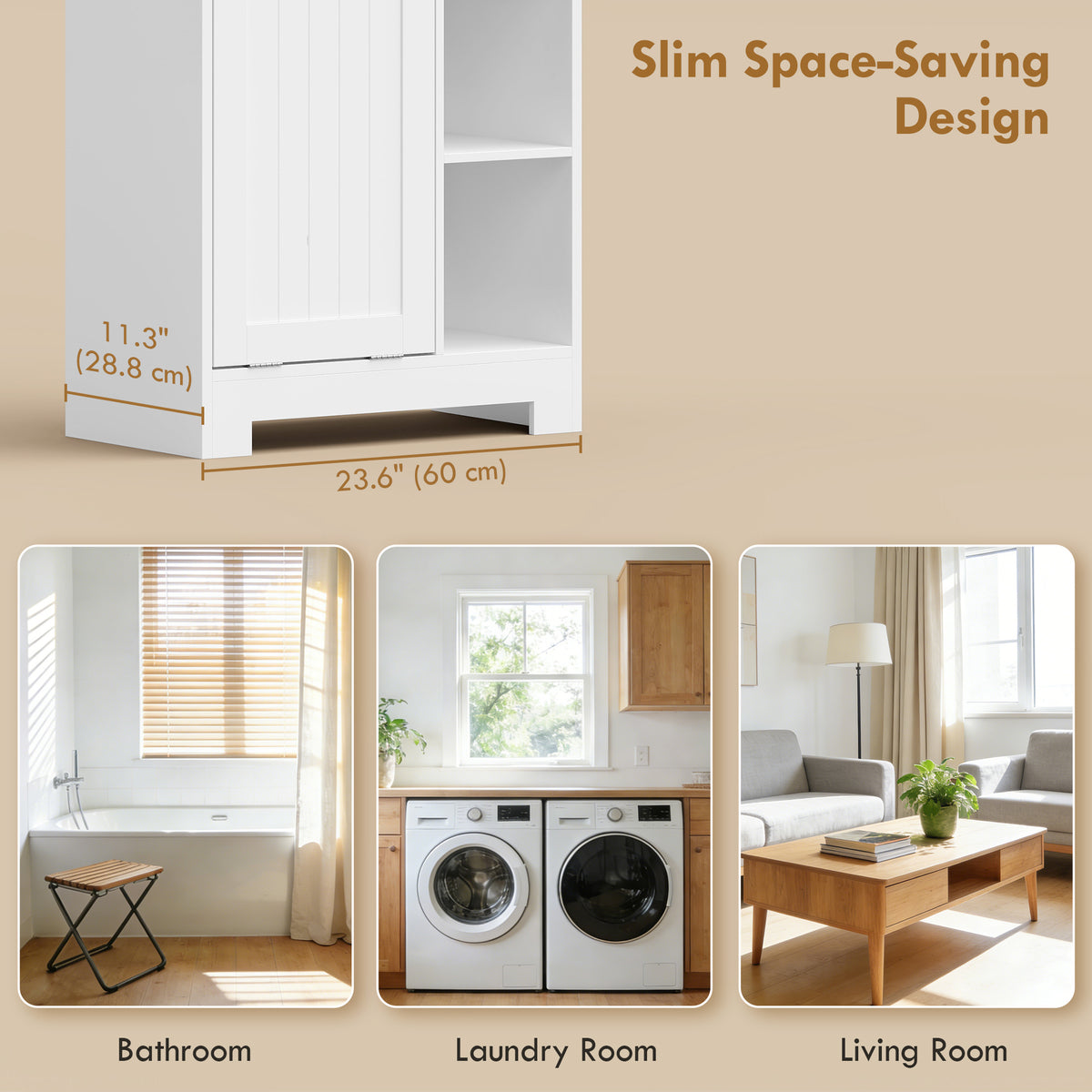 67" Tall Bathroom Storage Cabinet, Slim Bathroom Cabinet with Tilt-Out Laundry Basket, White