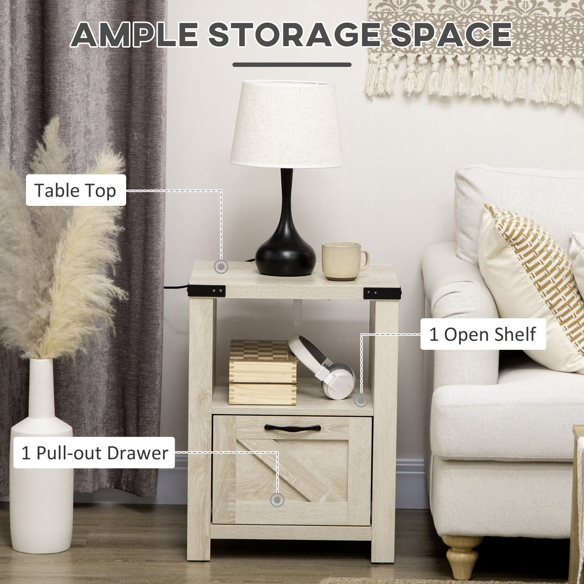 Side Table with Storage, Farmhouse End Table with Drawer, Open Shelf and Barn-style Panel – view 3