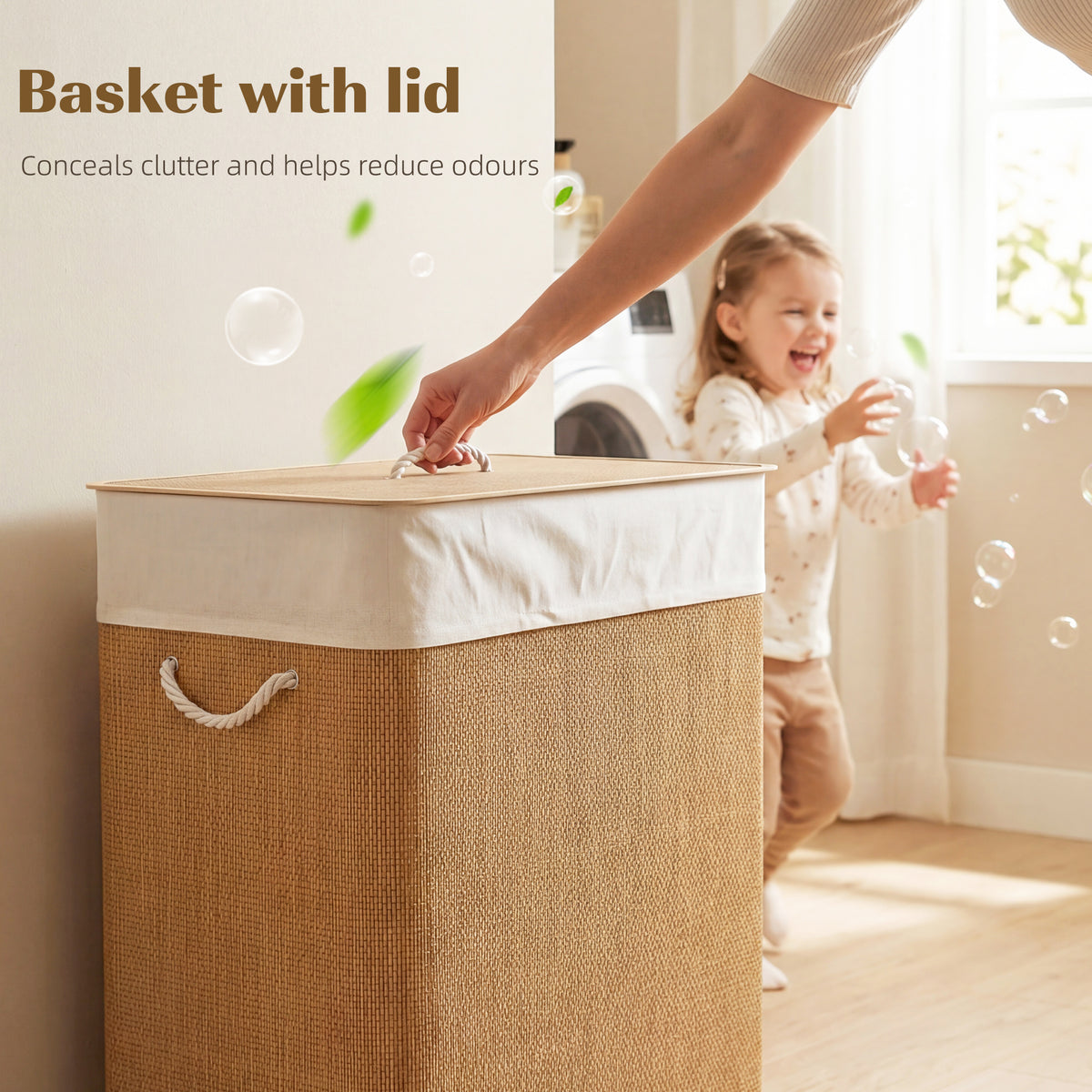 Double Laundry Basket with Lid, 100L Bamboo Laundry Hamper with Rope Handles and Removable Bags, Brown – view 5