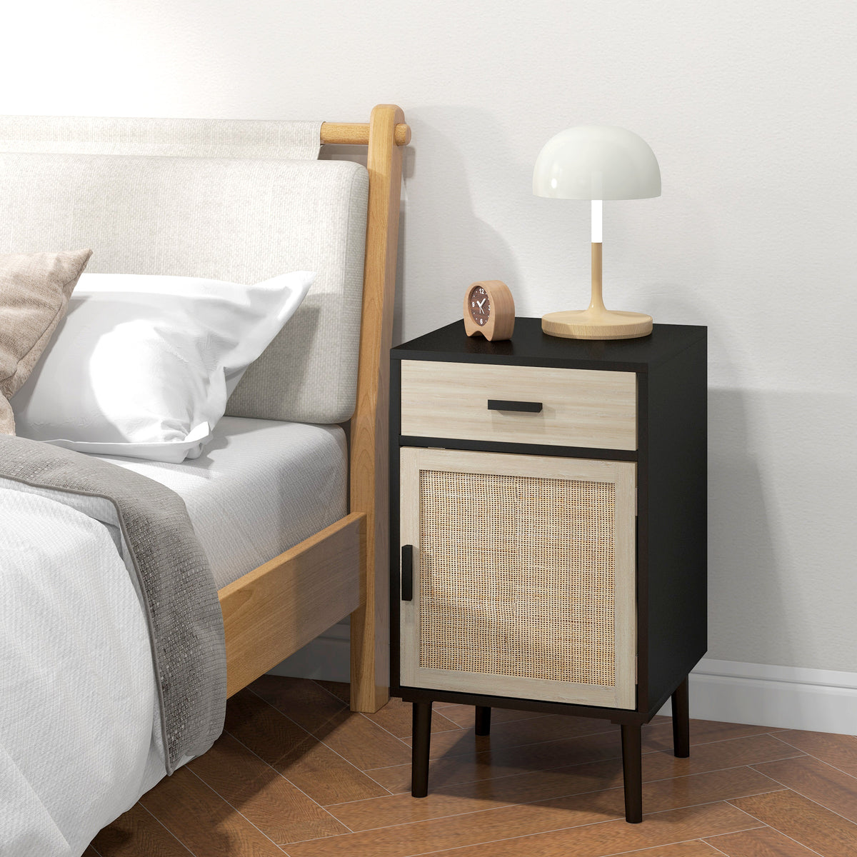 Boho Bedside Tables Set of 2, Nightstands with Drawer, Rattan Cabinet, Adjustable Shelf for Bedroom – view 14