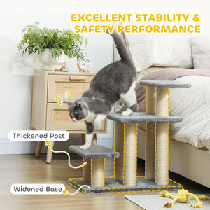 Cat Stairs with 2 Sisal Scratching Post for High Bed Couch, Adjustable 3-Tier Pet Stairs, White & Grey