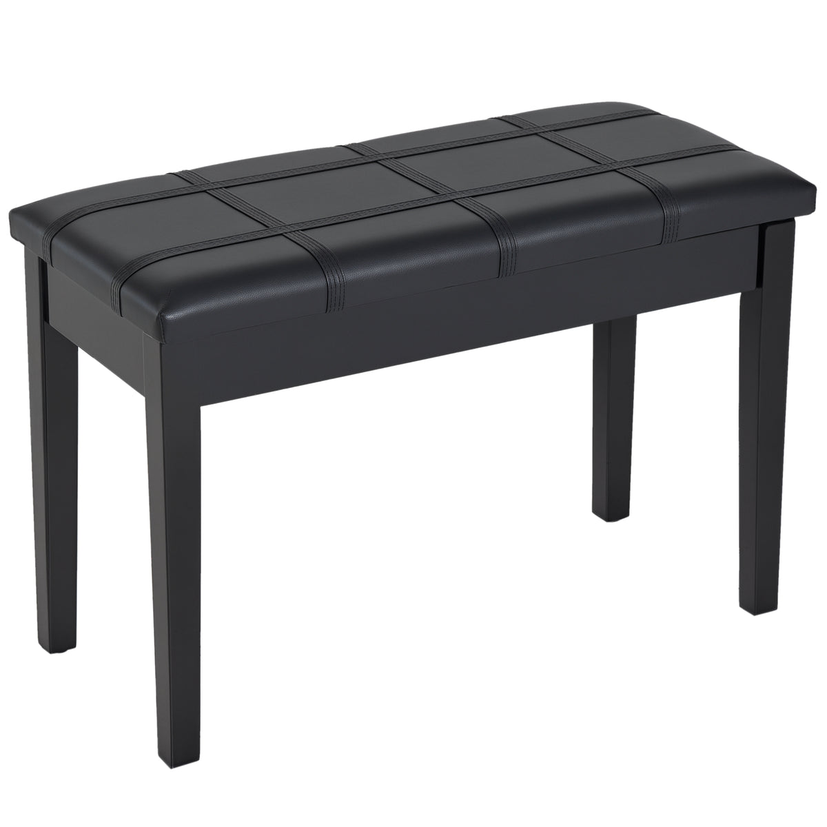 Classic Piano Bench Stool, PU Leather Padded Keyboard Seat with Rubber Wood Legs and Music Storage Compartment, Banded Seat, Black