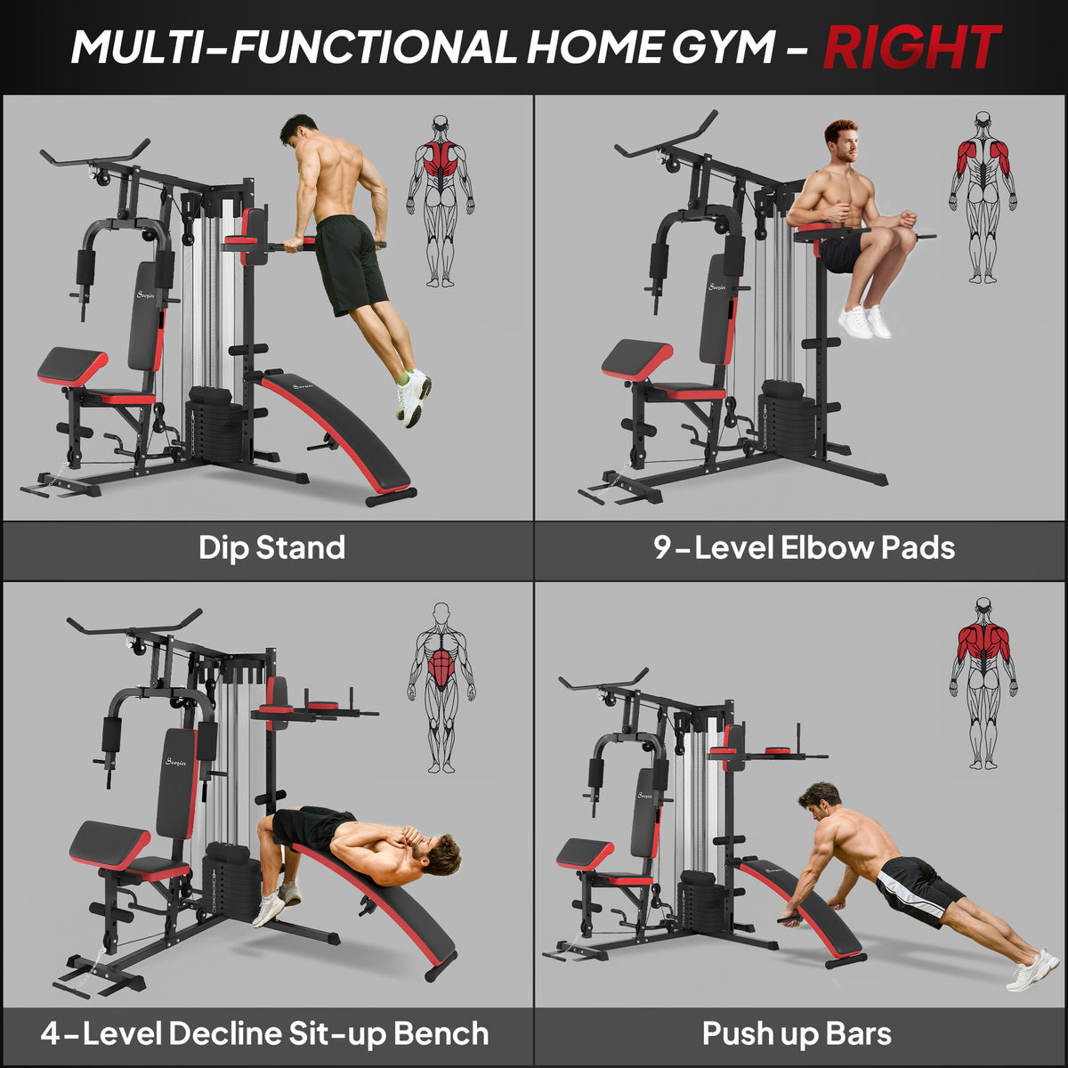 Soozier Multi Home Gym Equipment, Workout Station with Sit up Bench, Push up Stand, Dip Station, 143lbs Weights
