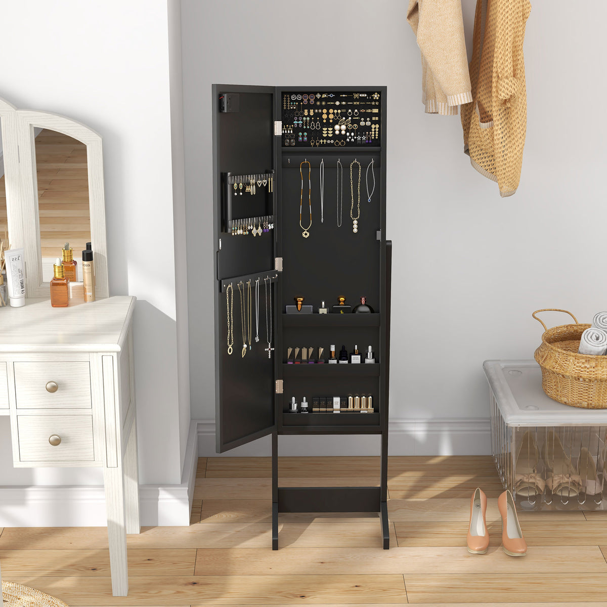 Free Standing Armoire Organizer, Lighted Mirrored Jewelry Cabinet w/ Angle Adjustable & 16 LED Lights Warm – view 27