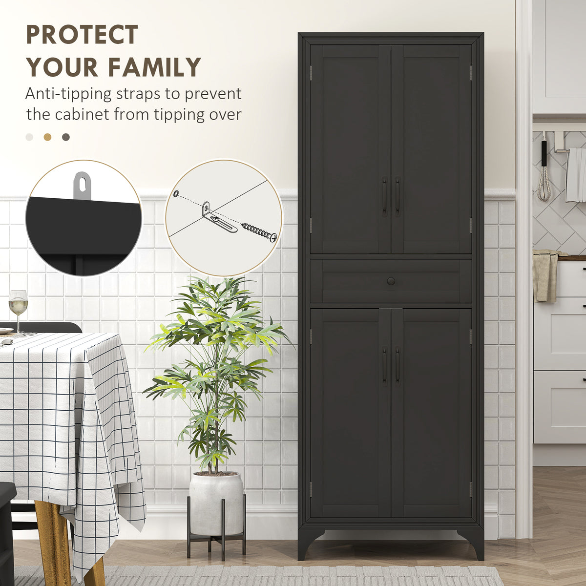 Freestanding Storage Cabinet, Kitchen Pantry Cabinet with 2 Shelves, 4 Doors for Dining Room, Black – view 5