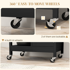 Modern Rolling Kitchen Island Cart with Drawer, Natural Wood Top, Towel Rack, Door Storage Cabinet, Black