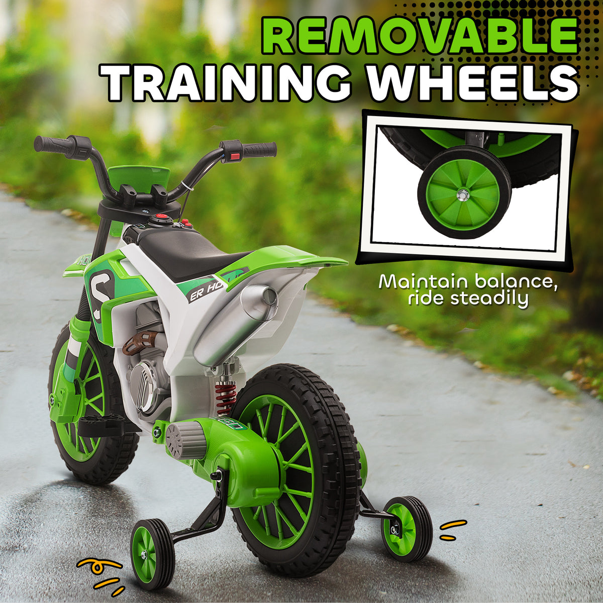 Aosom Kids Dirt Bike 12V Battery-Powered Ride-On Electric Motorcycle with Charging Battery, Training Wheels