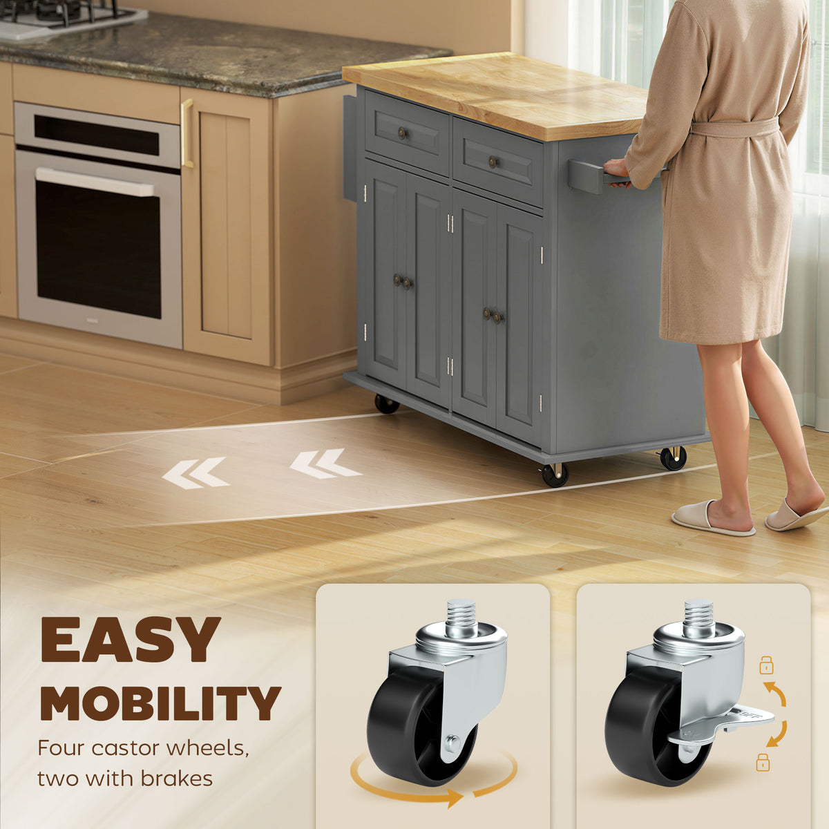 Kitchen Island with Storage, Rolling Trolley Cart with Rubber Wood Top, Spice Rack, Towel Rack, Brown Oak – view 20