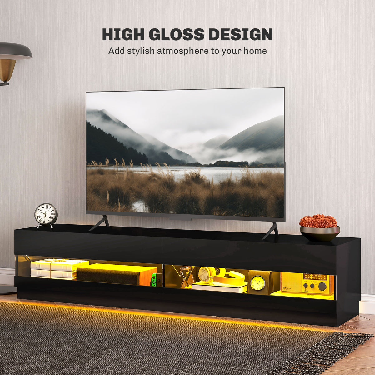Lighted TV Stand for TVs up to 75", TV Cabinet with Storage for Living Room, High Gloss White – view 11
