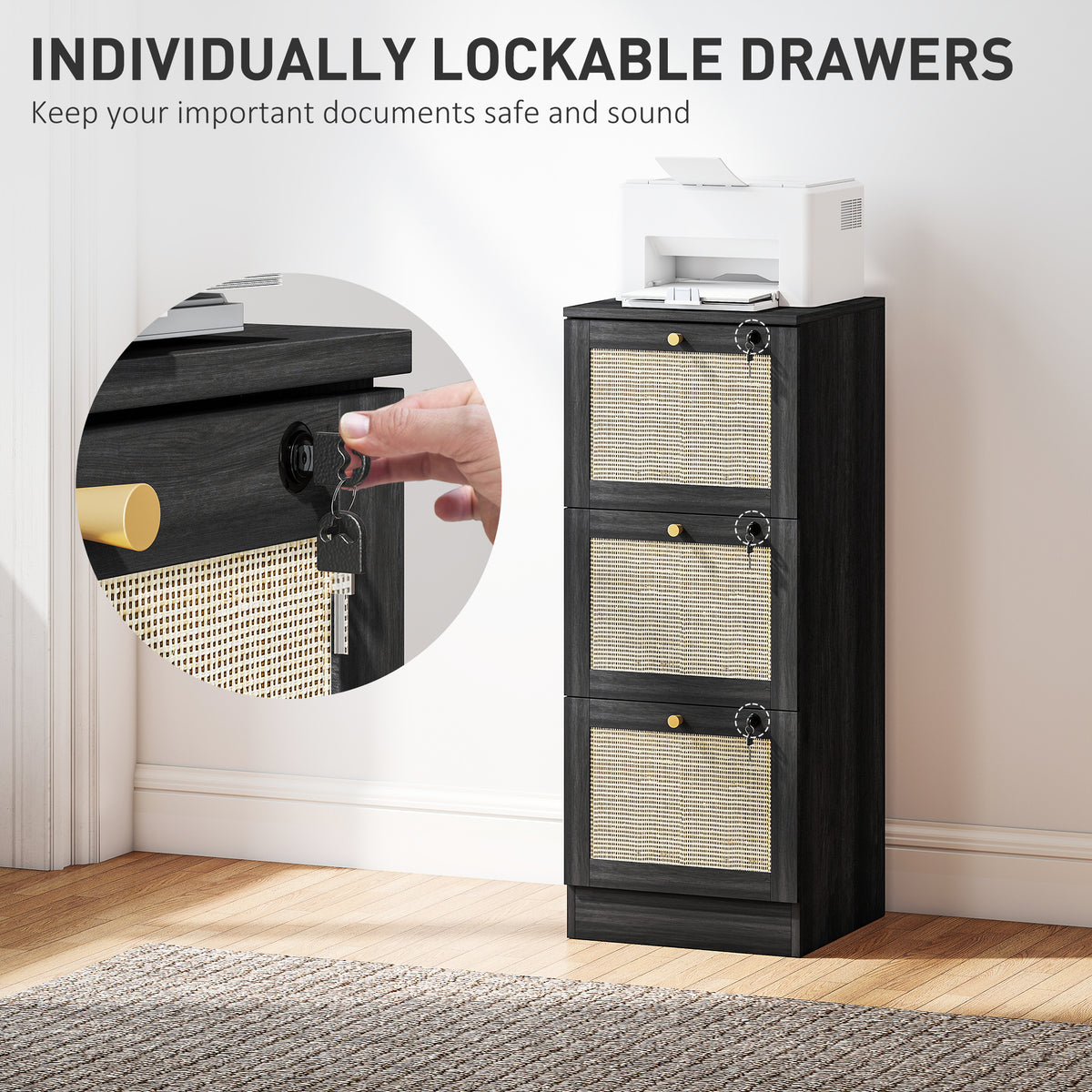 2 Drawer Filing Cabinet with Lock, Boho File Cabinet for A4 Letter Size Files with Decorative Rattan – view 19