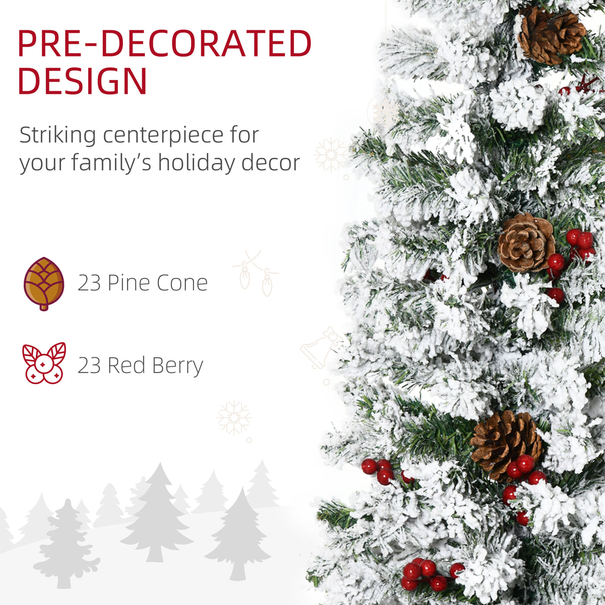 6 Foot Pencil Snow Flocked Artificial Christmas Tree with 600 Pine Realistic Branches, Pine Cones – view 4