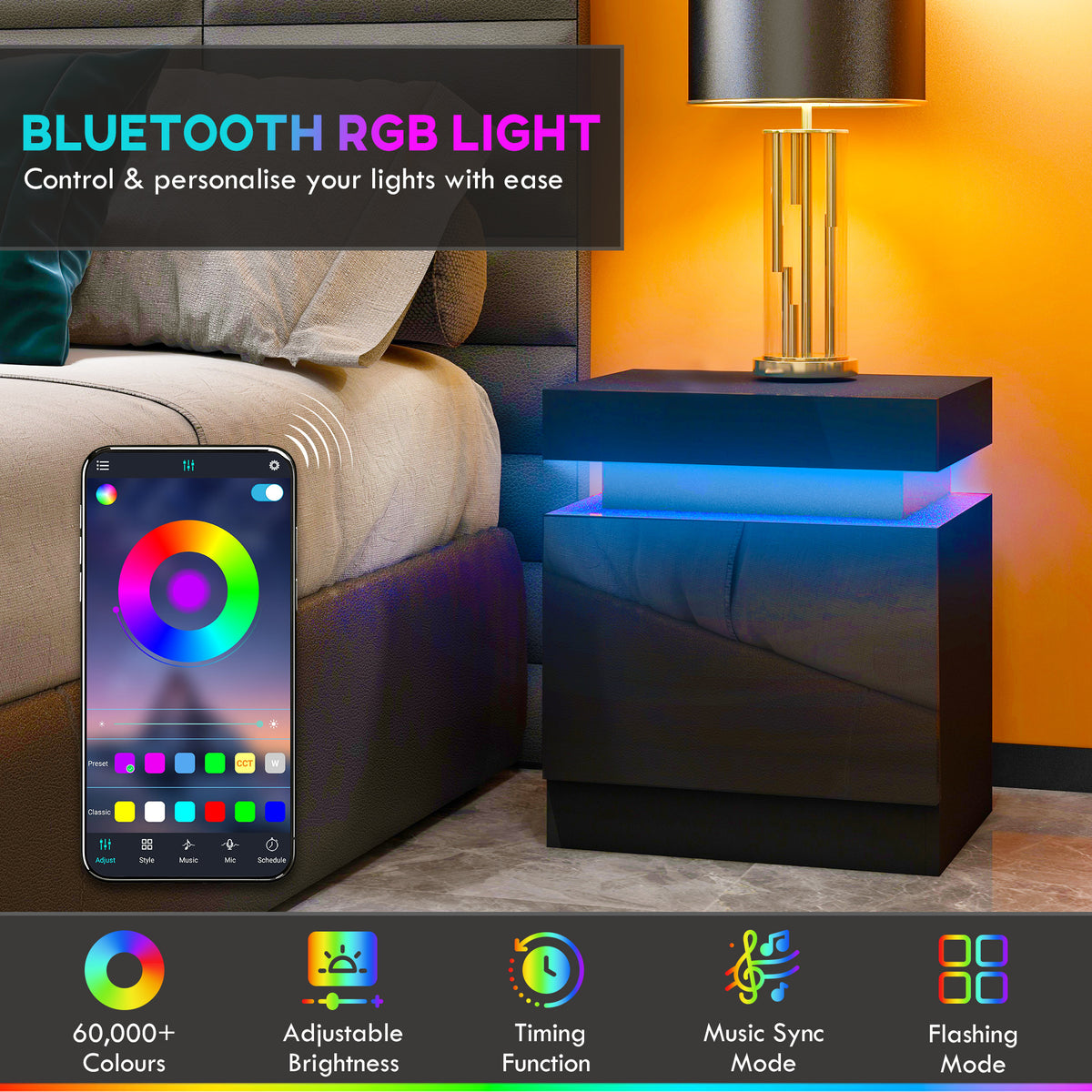 Nightstand, Bedside Table with LED Lights and 2 Drawers for Bedroom, Living Room, Black
