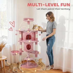 62" Cat Tree with Scratching Post, 2 Condos, Hammock, Perches, Plush, Pompoms, for Indoor Cats, Beige – view 24