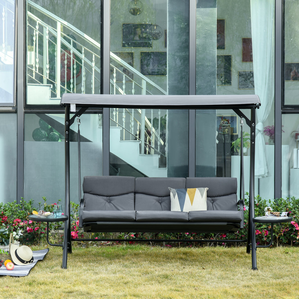 3 Seat Outdoor Swing Chair Steel Swing Bench Porch Swing With Adjustable Canopy – view 7