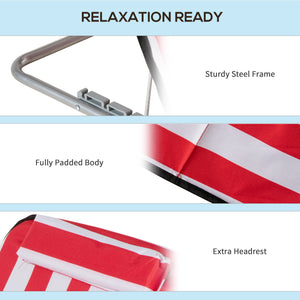 Set of 2 Beach Lounge Chair Sun Lounger, Folding Ground Beach Mat w/ Adjustable Back, Steel Frame, Head Pillow and Carry Bag for Backyard Lakeside, Red and White