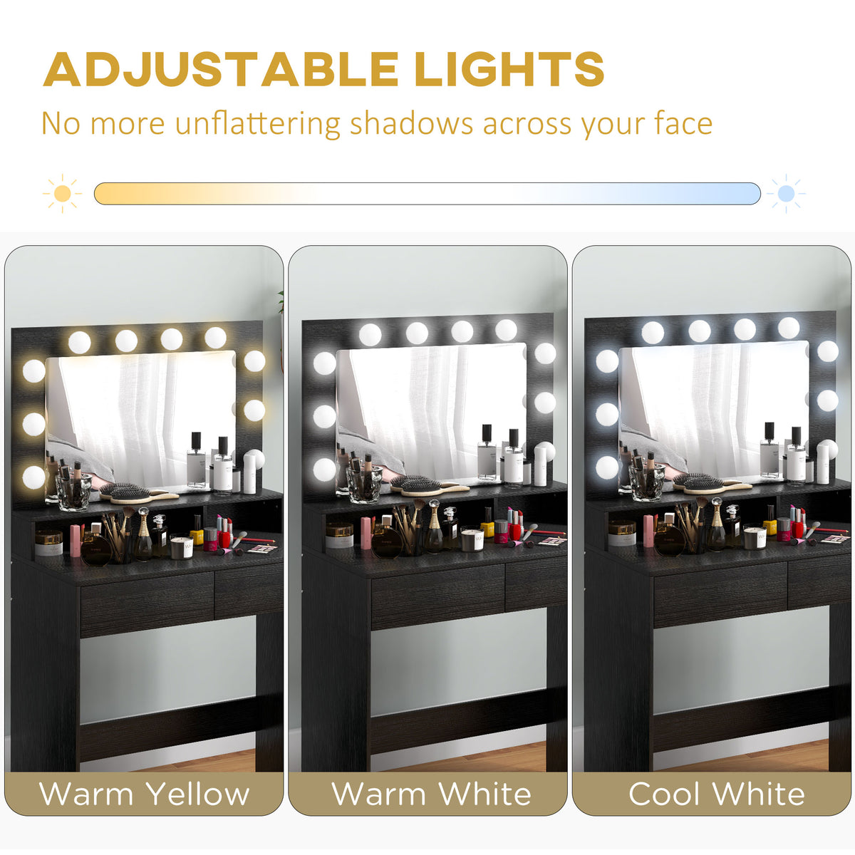 Vanity Table, Makeup Dressing Table with LED Lighting Mirror, Drawers, for Bedroom, Black – view 3
