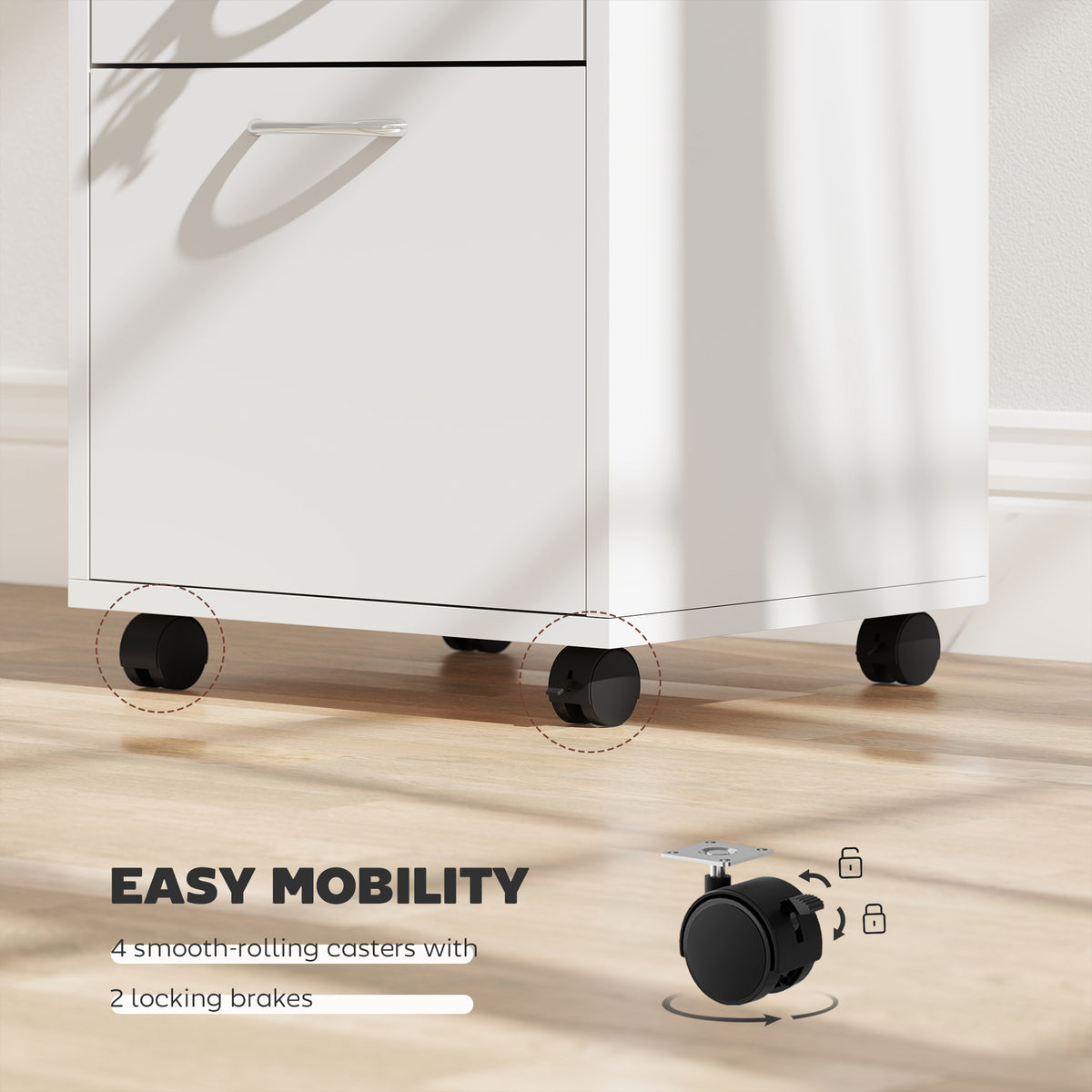 24" Vertical Filing Cabinet with Lockable Drawer, Mobile File Cabinet with 2 Keys, Wheels for Home Office, White