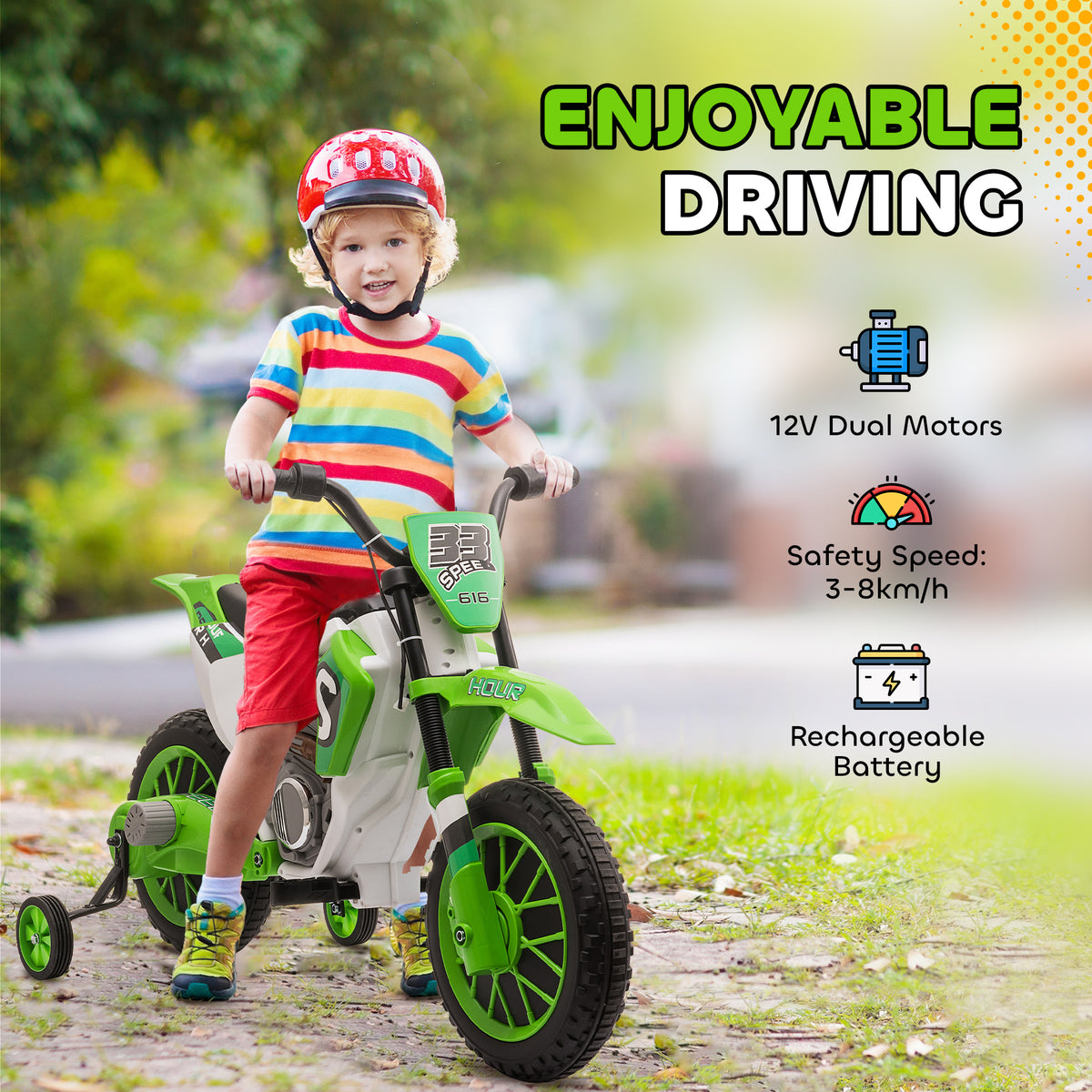Aosom Kids Dirt Bike 12V Battery-Powered Ride-On Electric Motorcycle with Charging Battery, Training Wheels