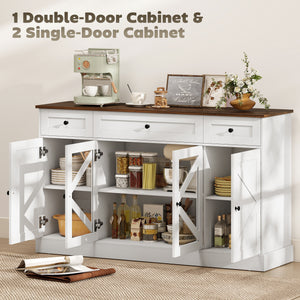 Sideboard Buffet Cabinet, 54" Farmhouse Kitchen Storage Cabinet with Acrylic Barn Doors and 3 Drawers, White Wood Grain