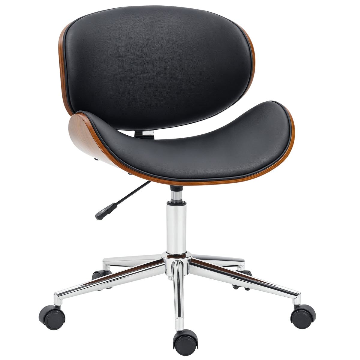 Office Chair, Faux Leather and Bentwood Computer Desk Chair with 360 Degree Swivel Wheels, Adjustable Height and Curved Seat, Black