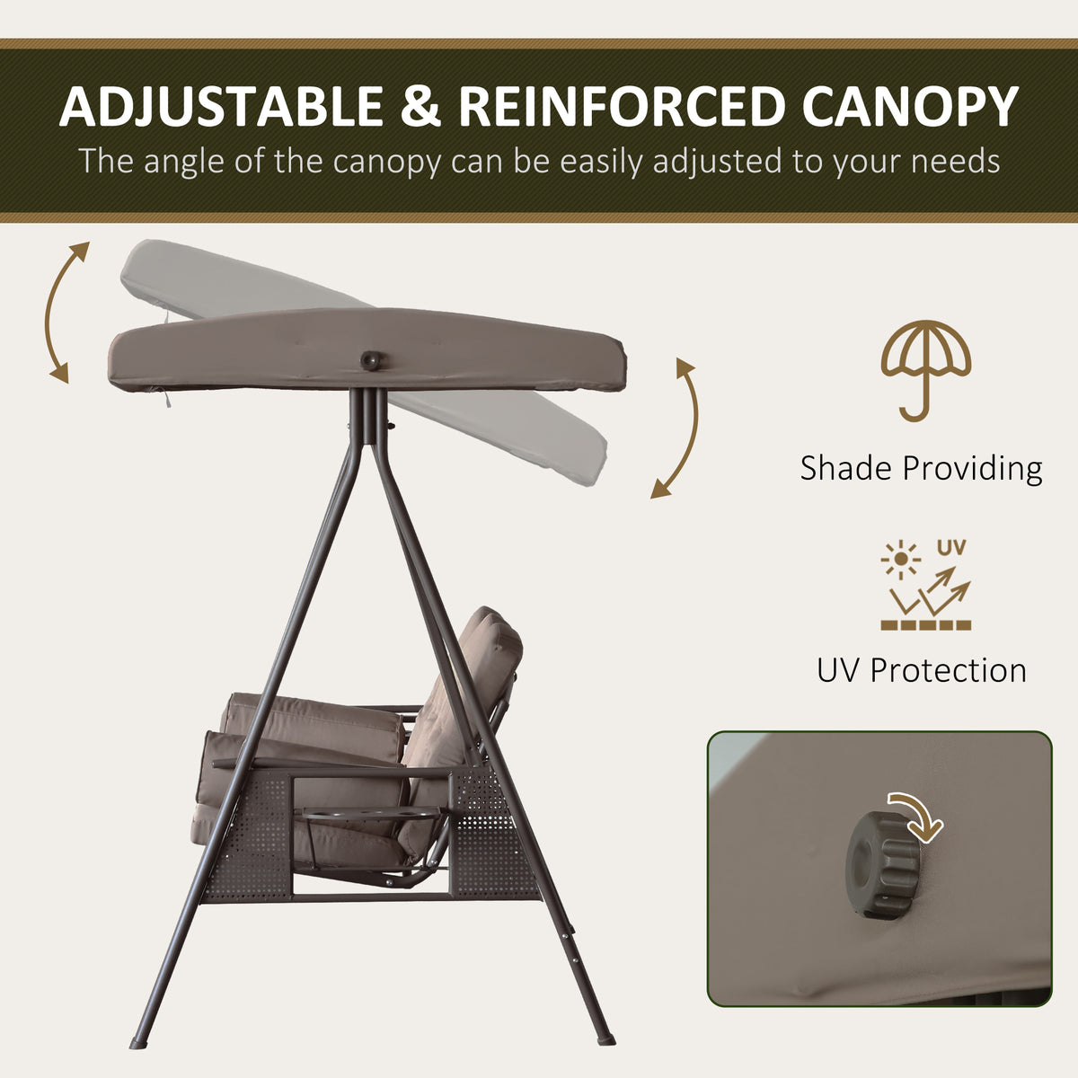 3 Seater Porch Swing Heavy Duty Outdoor Swing Chair Outdoor Lounge Hammock Cushioned Seat W/ Tilt Canopy – view 5