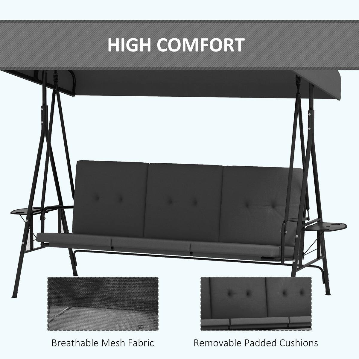 3-Seat Outdoor Porch Swing Patio Swing with Adjustable Canopy, Side Tray, Removable Cushion for Garden – view 12