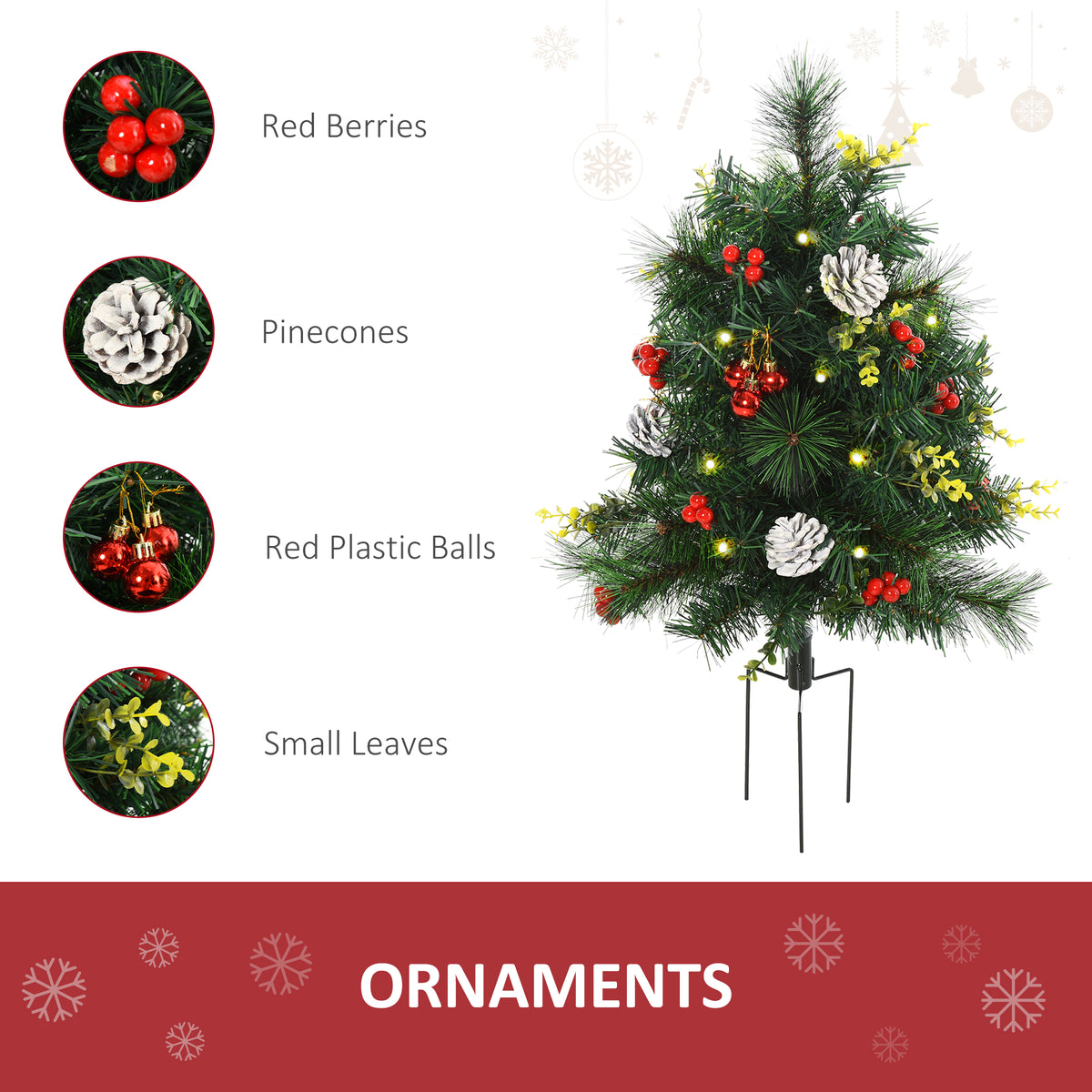 2.5ft 2 Pieces Prelit Artificial Christmas Tree with LED Light Mini Xmas Tree with Small Berry Pine Needles Pinecones Decorations for Garden
