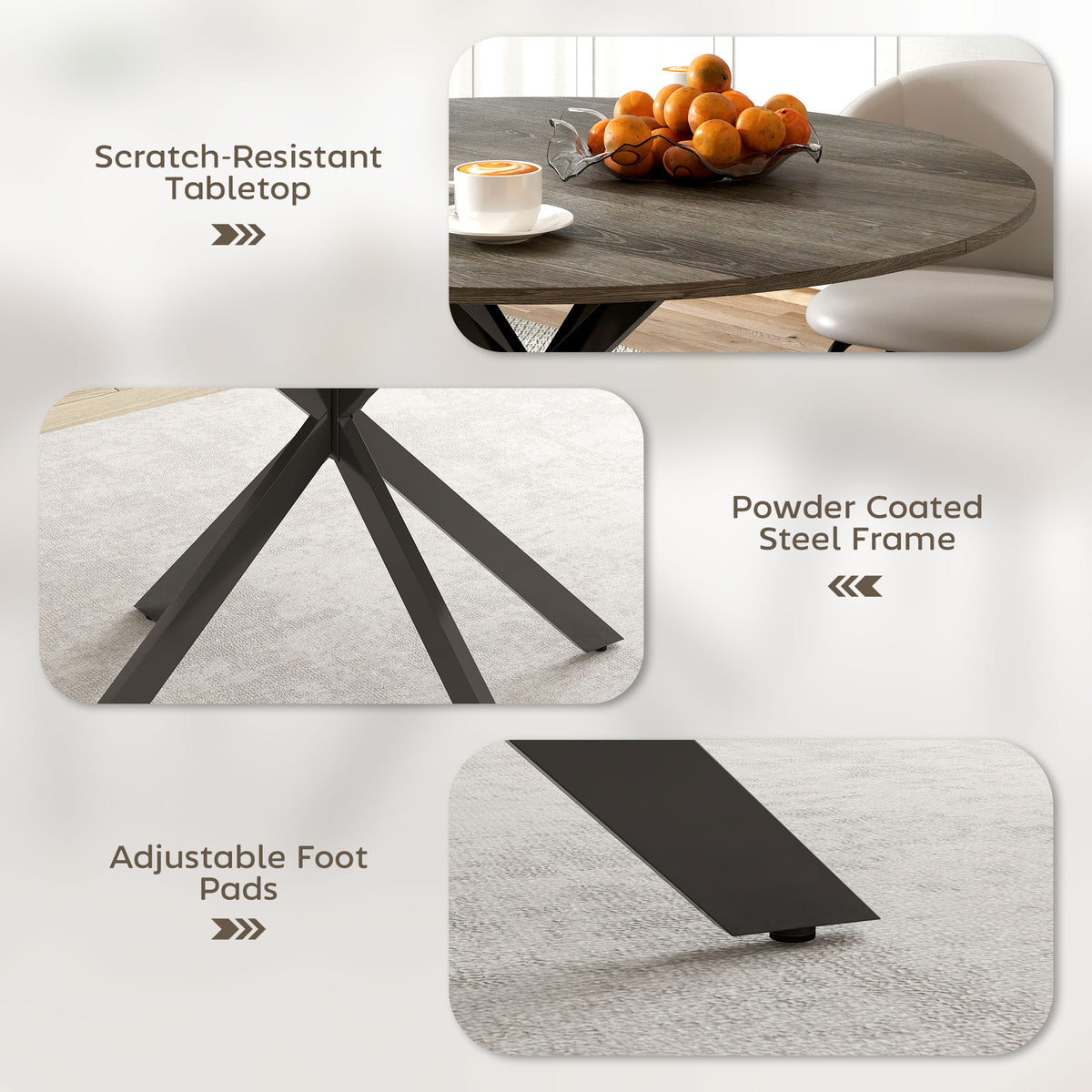47" Round Kitchen Table for 4, Industrial Dining Table with Steel Legs for Dining Room, Grey Wood Grain and Black