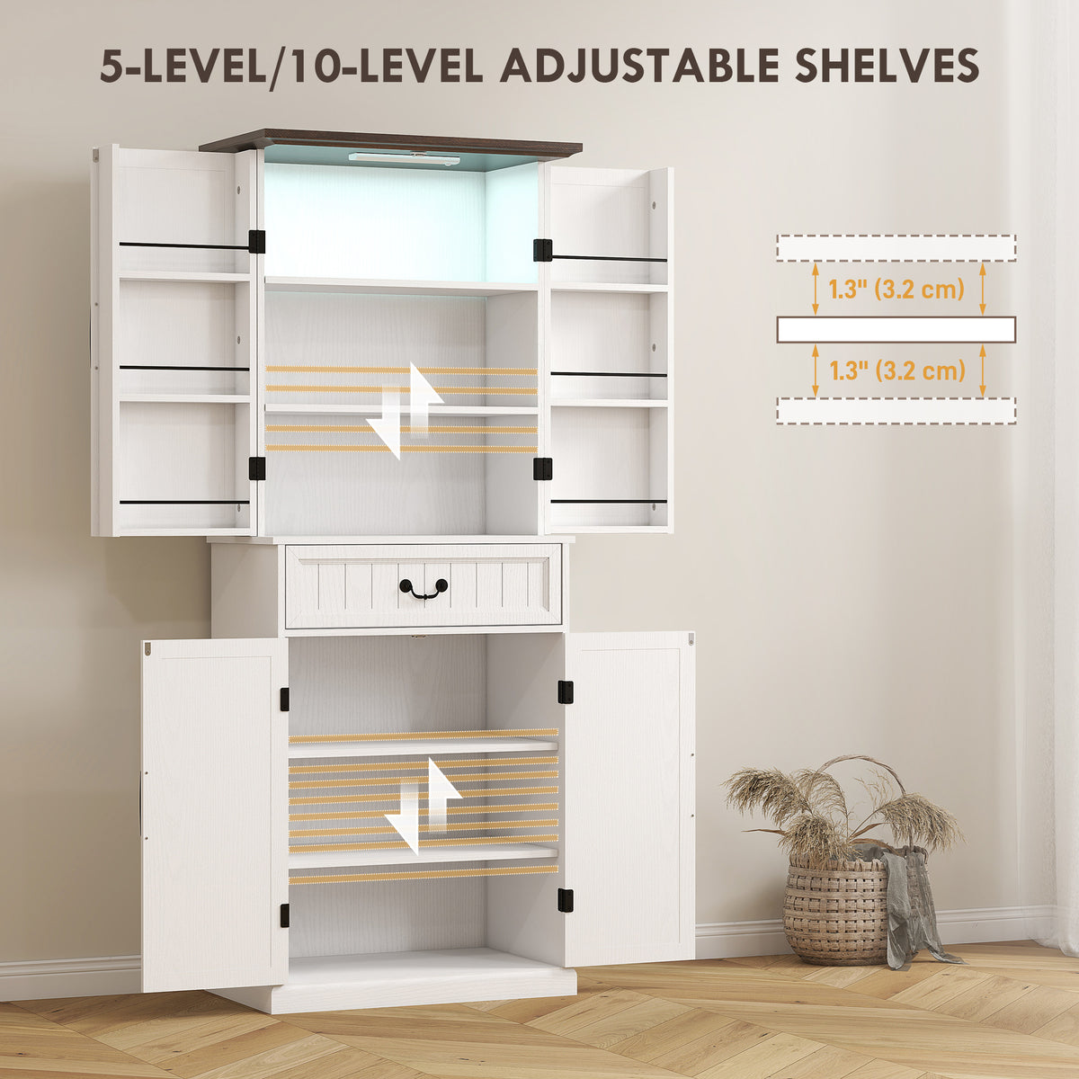 71" LED Kitchen Pantry Cabinet, Farmhouse Storage Cabinet with Door Shelves, Distressed White