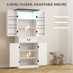 71" LED Kitchen Pantry Cabinet, Farmhouse Storage Cabinet with Door Shelves, Distressed White