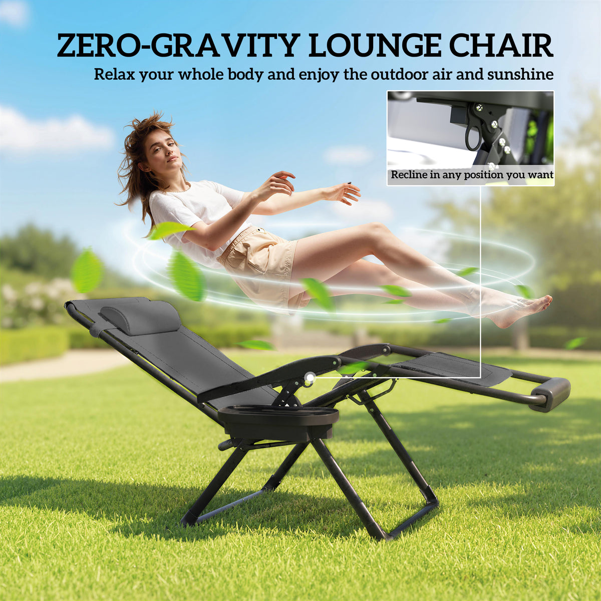 Zero Gravity Chair, Reclining Outdoor Lounger Chair with Cup Holder, 400 LBS Capacity, Black – view 10