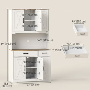 Tall Kitchen Pantry, 6 Doors, 2 Drawers, Adjustable Shelves & Worktop, Rustic Storage Cabinet for Living Room White