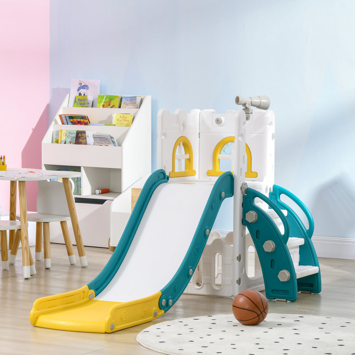 Qaba 5 in 1 Toddler Slide with Basketball Hoop, Climber, Telescope, Storage Basket, for 1-3 Years Kids Indoor Use