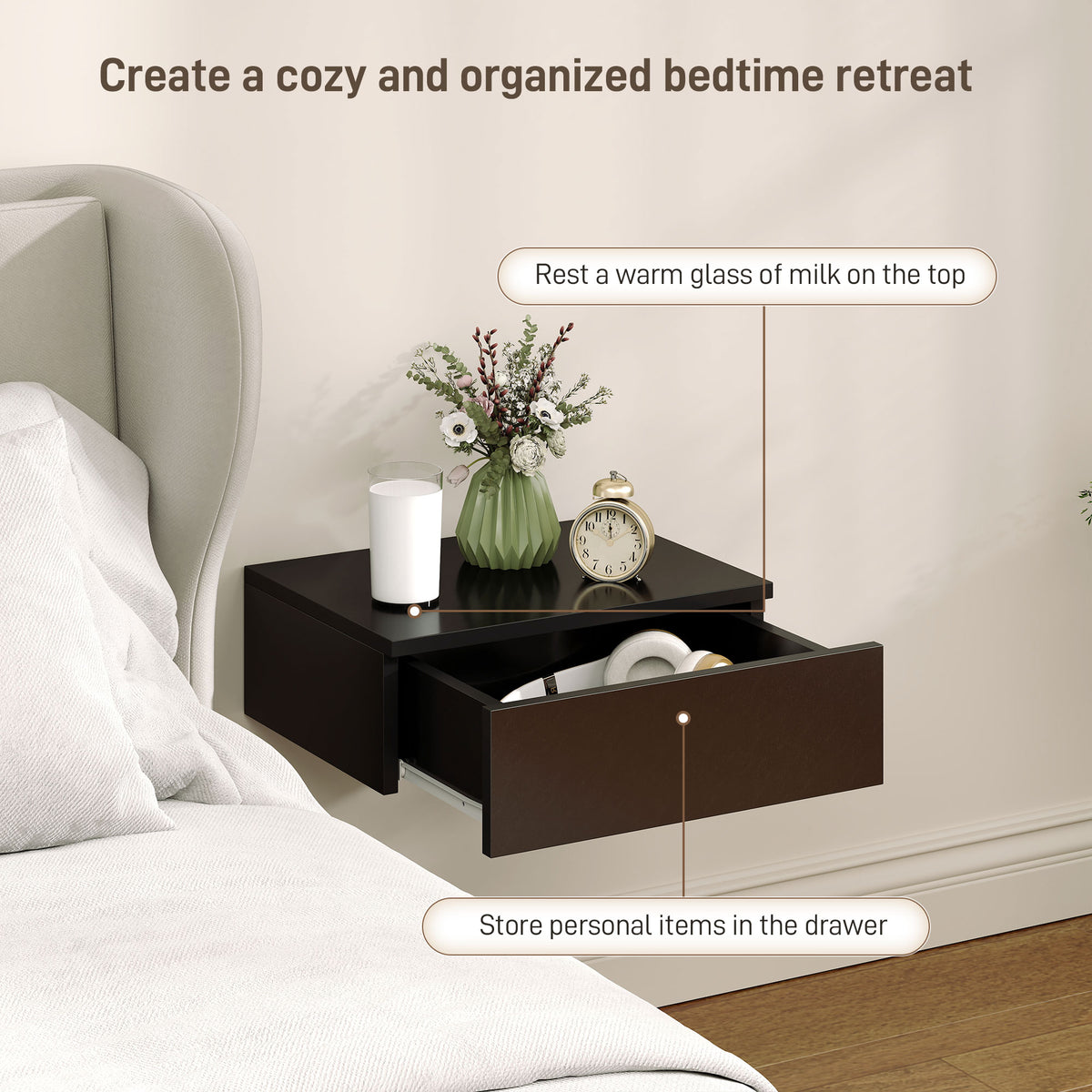 Set of 2 Wall Mounted Bedside Tables, Floating Nightstands with Drawer for Bedroom, Black