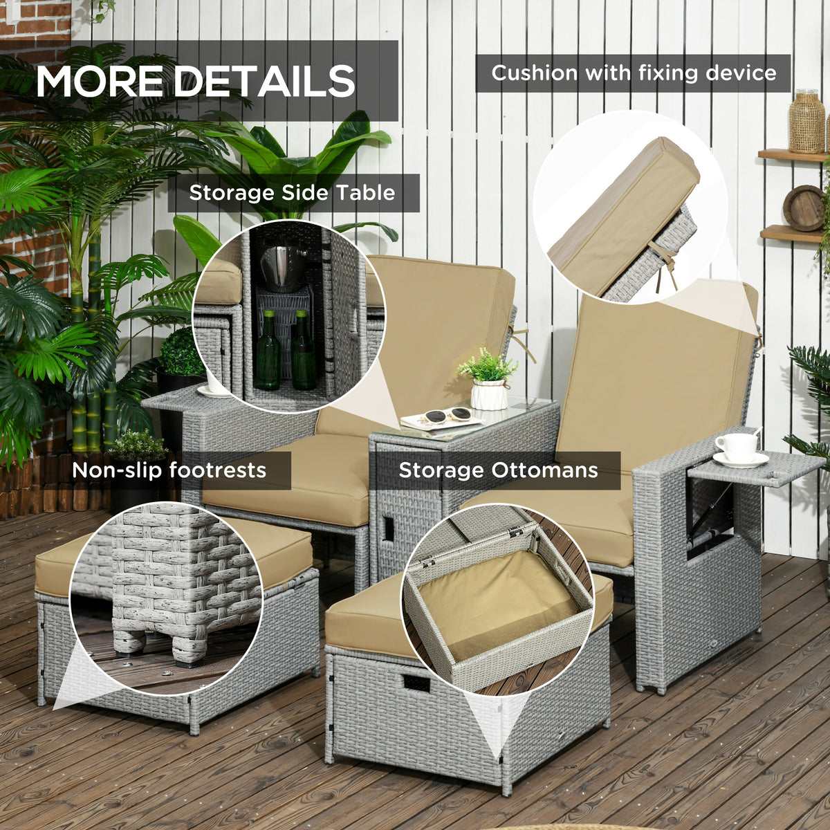5PC Wicker Patio Lounger, Outdoor PE Rattan 5-level Adjustable Recliner Sofa Bed with Storage Side Table and Footstools, for Patio, Garden, Poolside, Khaki