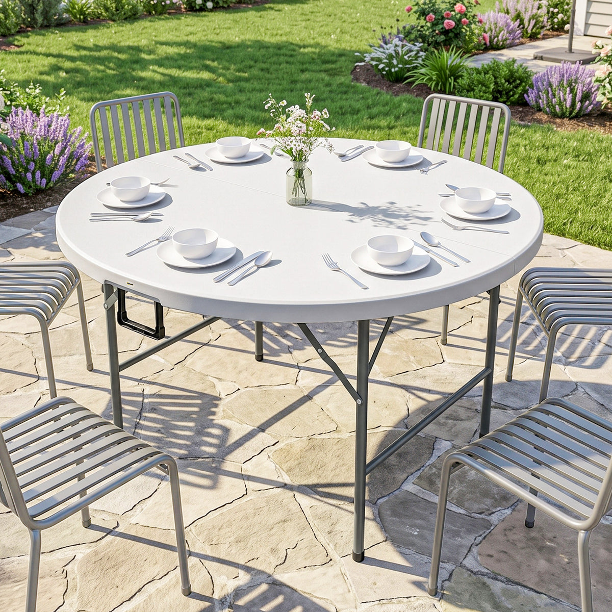 Φ48" Folding Patio Table, Outdoor HDPE Picnic Table, Card Table for 6, Round Folding Banquet with Metal Frame, White