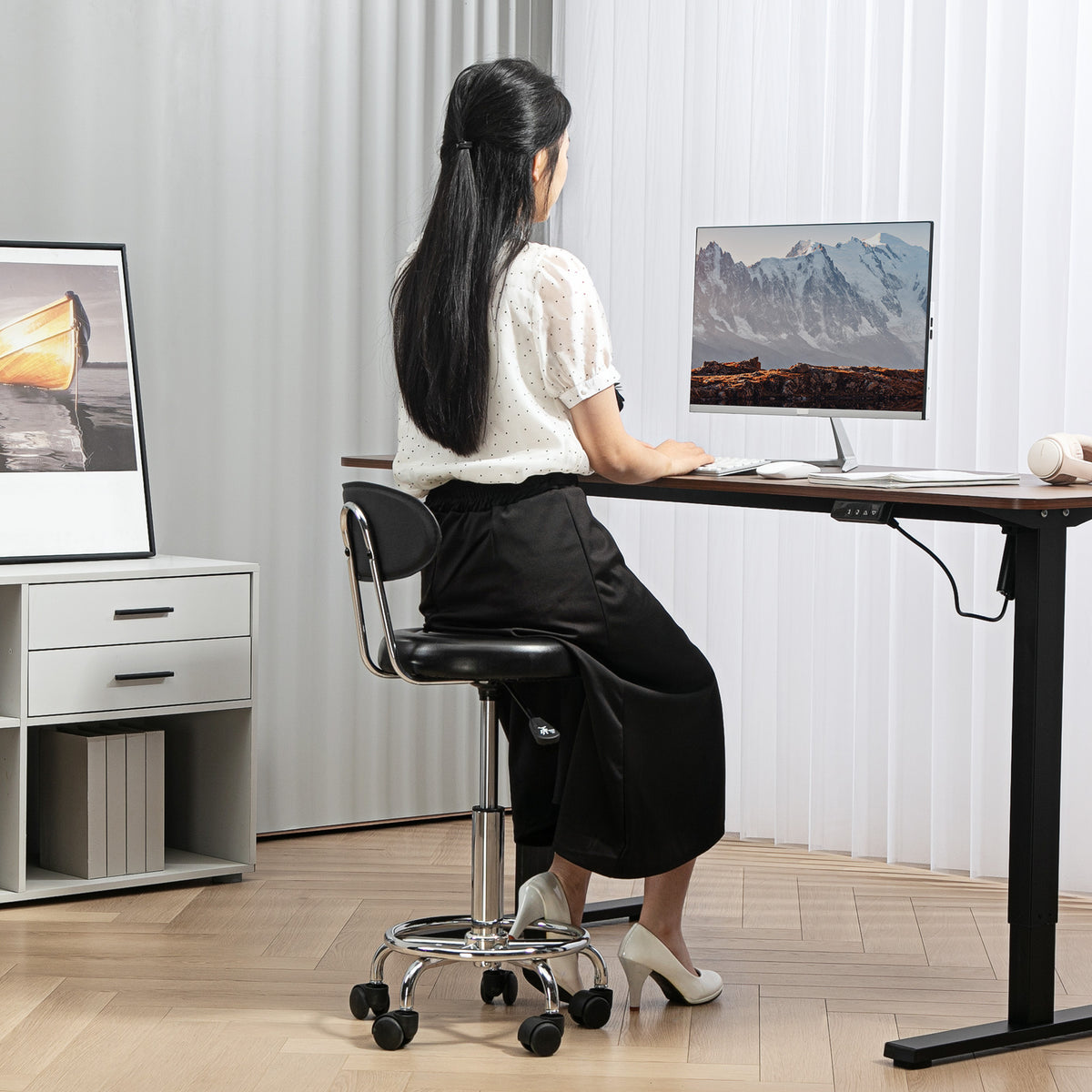 Adjustable Stool, Rolling Stool, 360° Rotate, with Backrest and Wheels, Black
